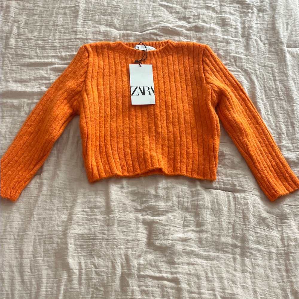 ZARA Bright Orange Ribbed Crewneck Cropped Sweater